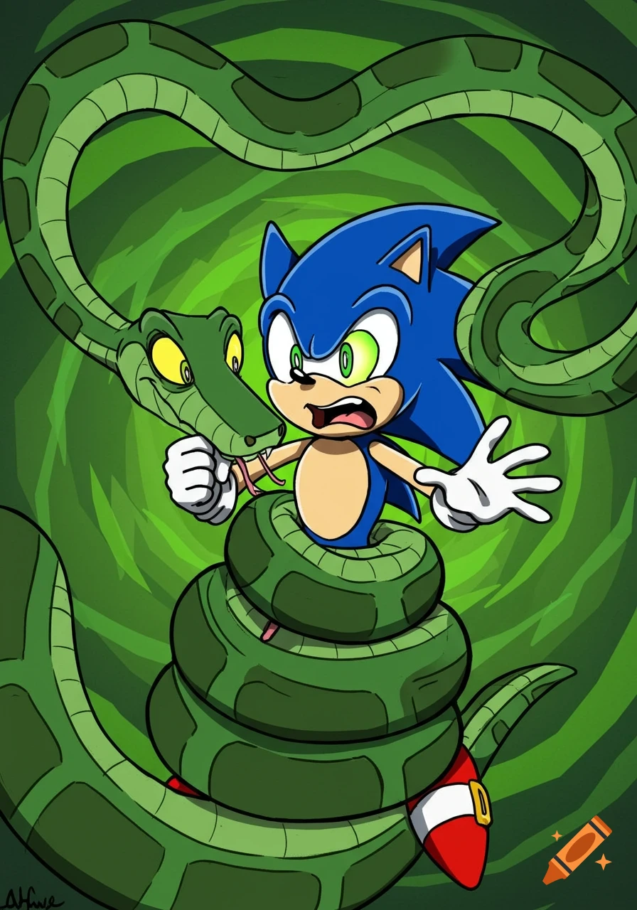 Cartoon Sonic the Hedgehog, looking terrified, is tightly constricted by a large green snake with hypnotic eyes.