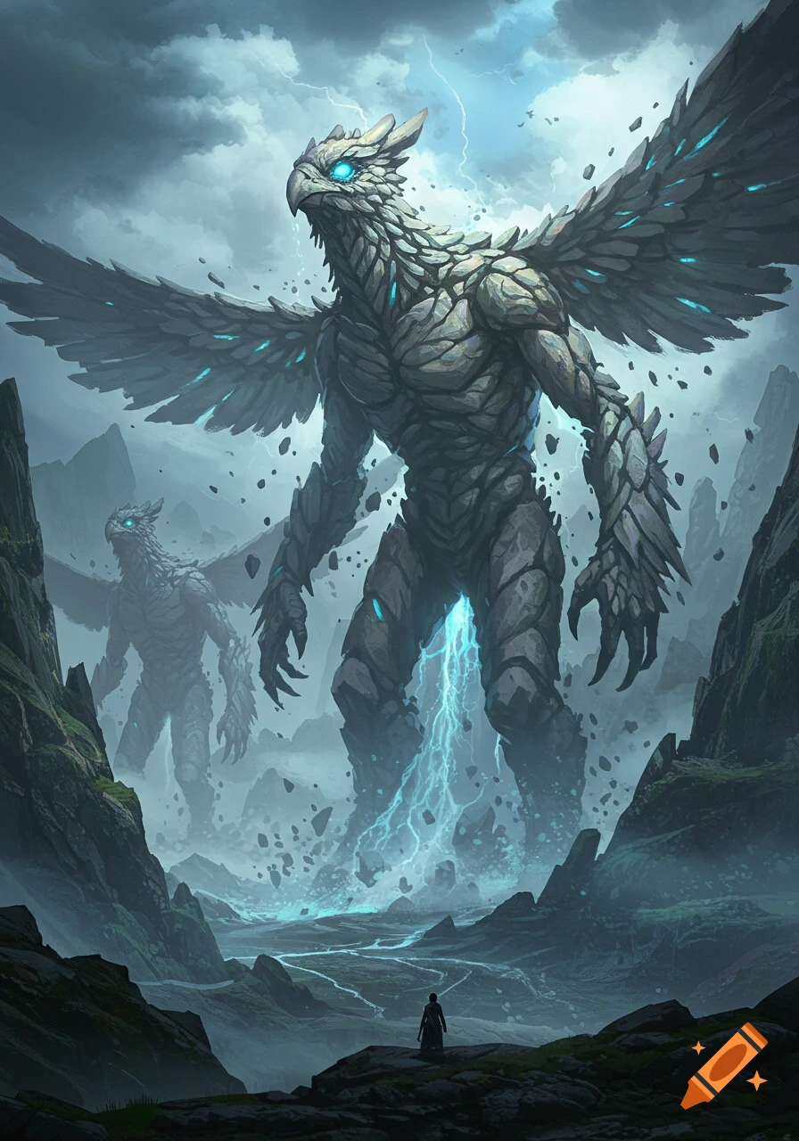 Two colossal stone-skinned bird-giants with glowing eyes and blue lightning dominate a misty mountain valley, a small human gazes up.