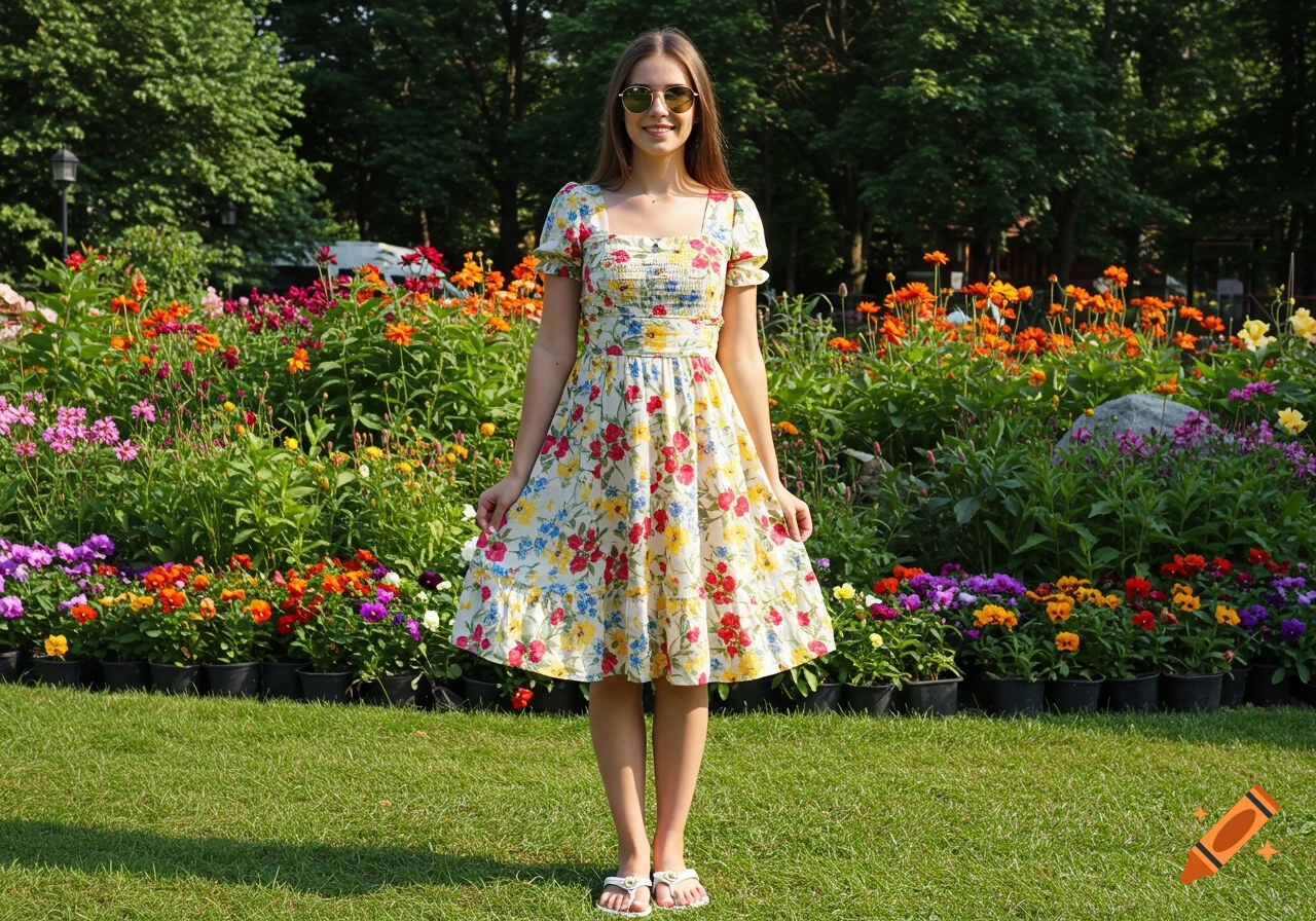 A smiling woman in a flowery summer dress and sunglasses stands in a vibrant flower garden with green grass.