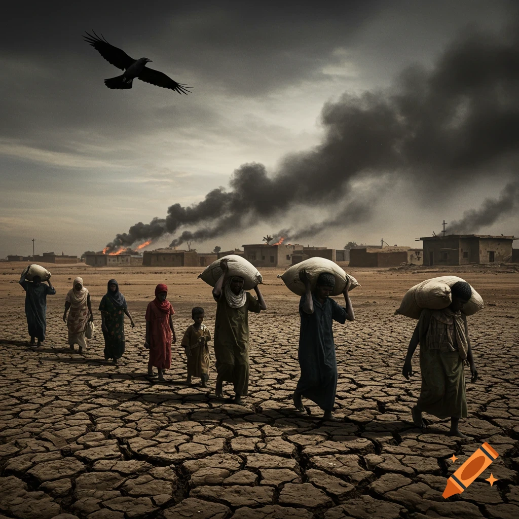 People carrying sacks walk across dry, cracked earth as buildings burn and emit dark smoke in the background, under a somber sky with a crow flying.