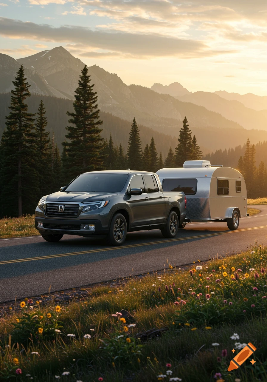 A grey Honda Ridgeline pickup truck towing a silver teardrop camper on a scenic mountain road at sunset with pine trees and wildflowers.