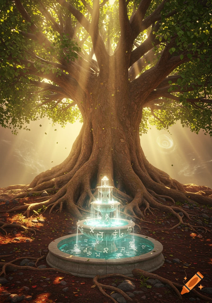 A radiant, large tree with sprawling roots overlooking a glowing tiered fountain with mystical symbols, bathed in sunlight.
