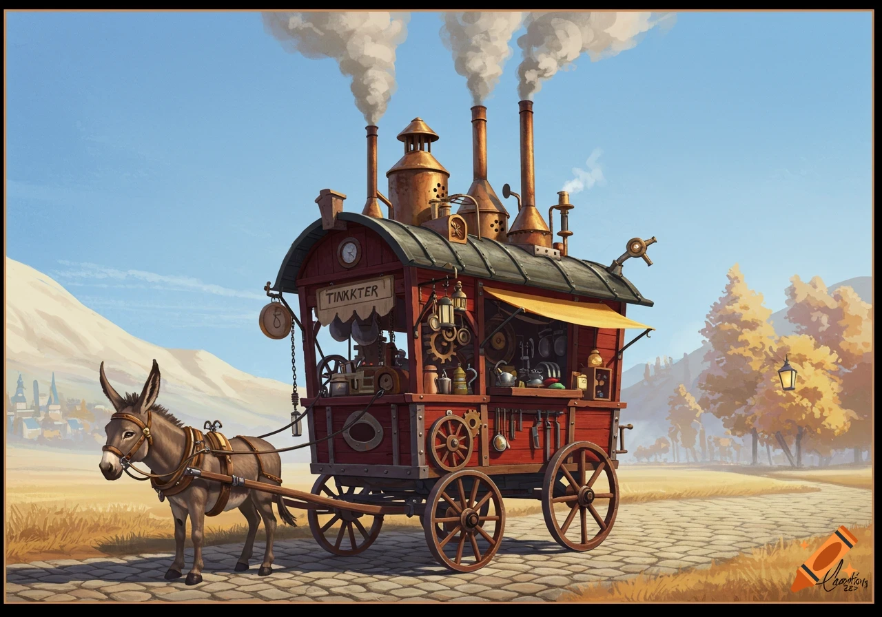 A brown donkey pulls a detailed steampunk tinker's wagon with copper smokestacks emitting smoke along a cobblestone road, with distant mountains and autumn trees.