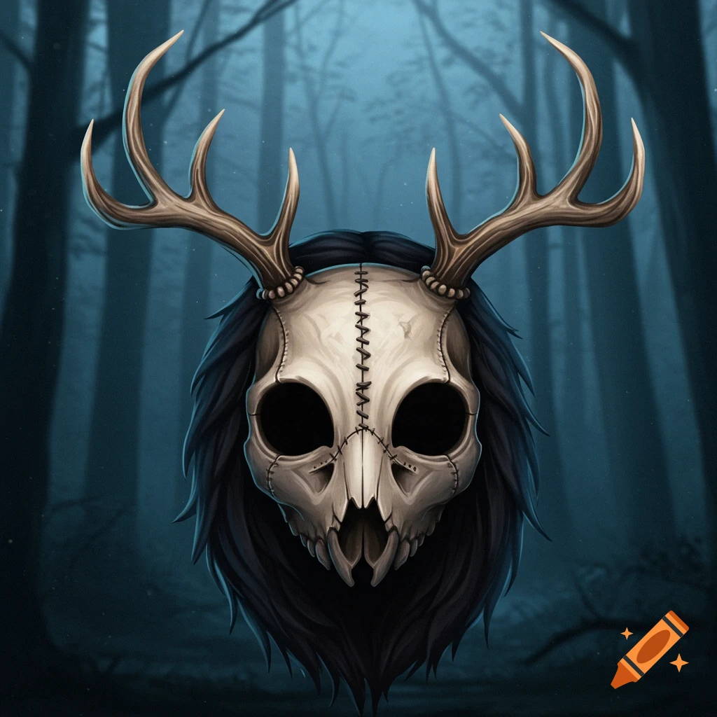 Stylized skull mask with antlers and dark fur in a dark, misty forest.