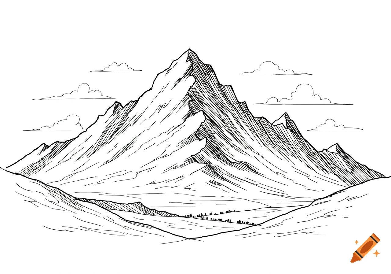 Black and white line drawing of a grand mountain range with clouds in the sky and a valley foreground.