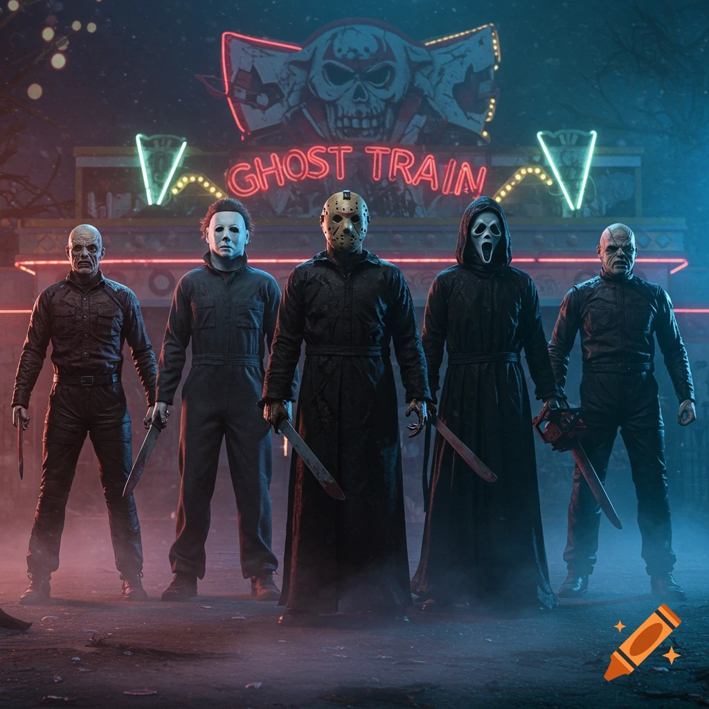 A photorealistic image of Michael Myers, Jason Voorhees, Ghostface, Leatherface, and two other horror figures standing in a group in front of a neon "Ghost Train" sign at a misty, abandoned amusement park at night.
