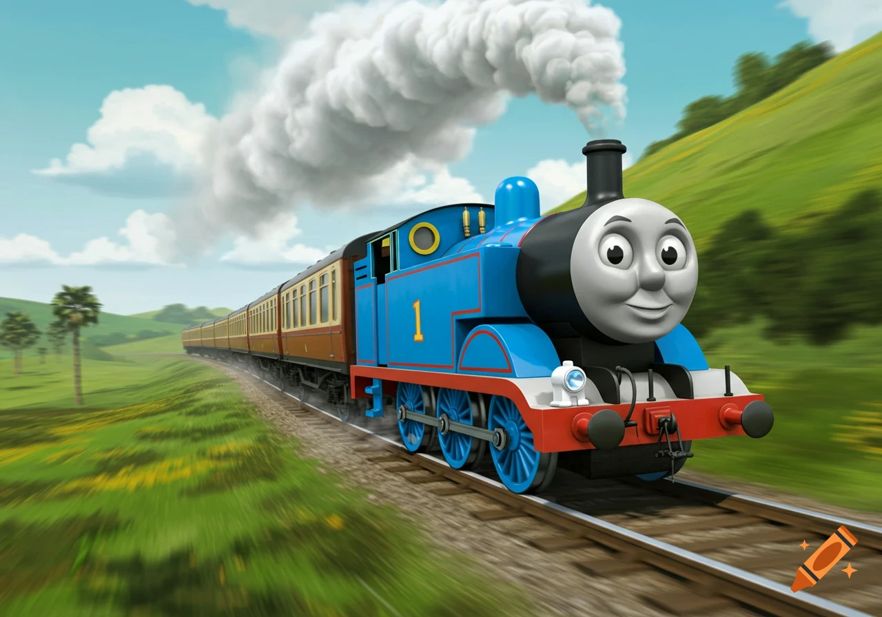 Thomas the Tank Engine speeds along railway tracks through green hills under a blue sky in a cartoon style.