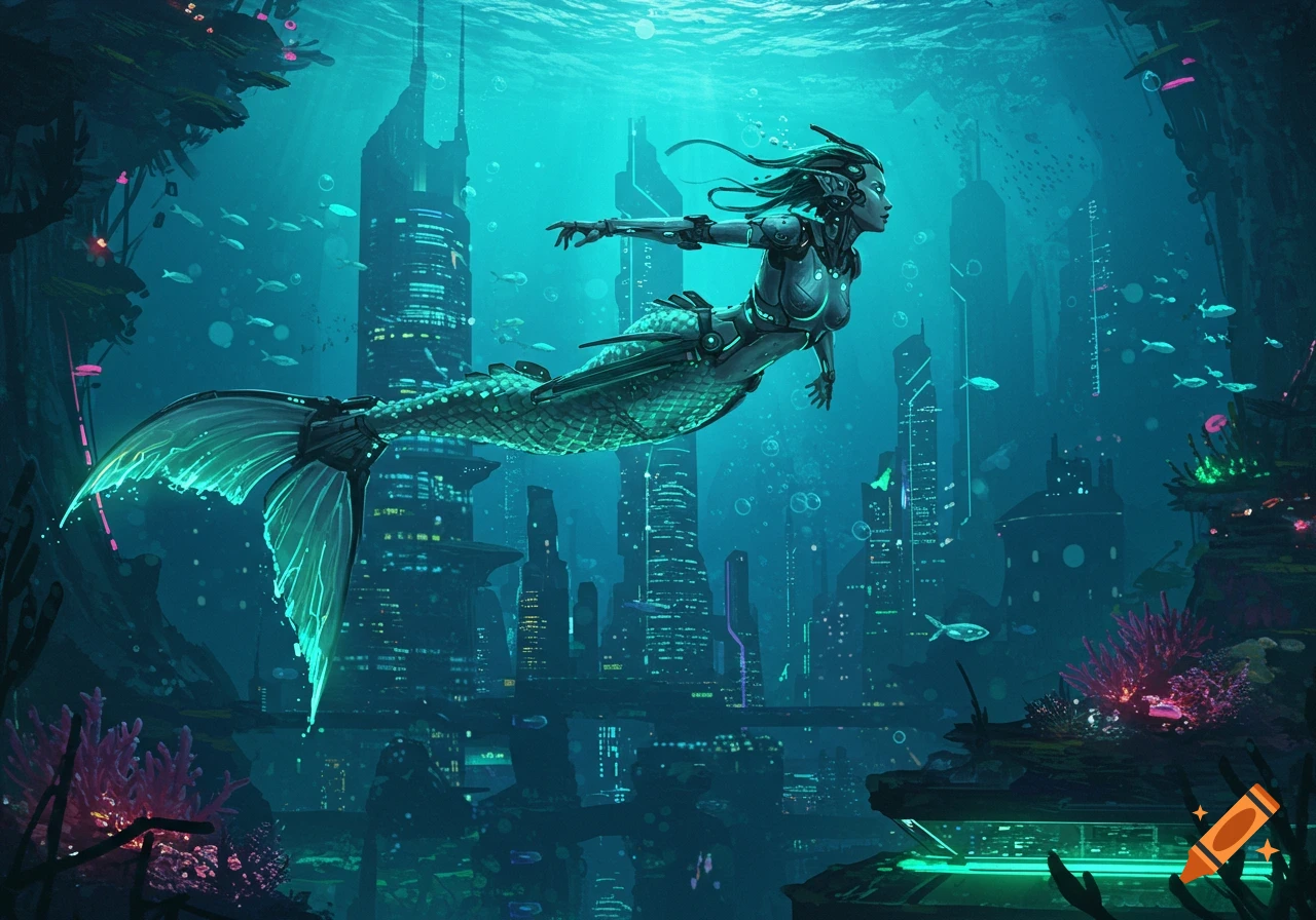A cybernetic mermaid with glowing fins swims in a futuristic underwater city with illuminated skyscrapers and coral.