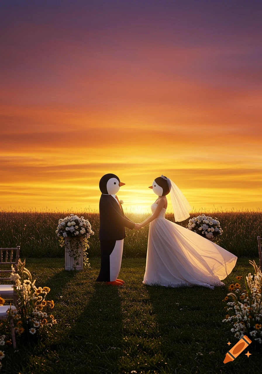 Penguin-headed bride and groom holding hands at an outdoor wedding during a vibrant sunset.