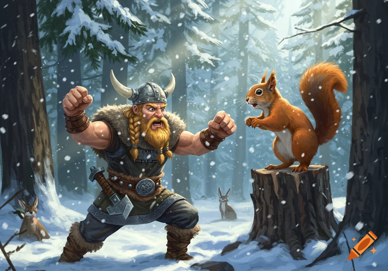 A cartoonish viking with a horned helmet and braided beard clenches his fists at a squirrel on a tree stump in a snowy forest with bunnies in the background.