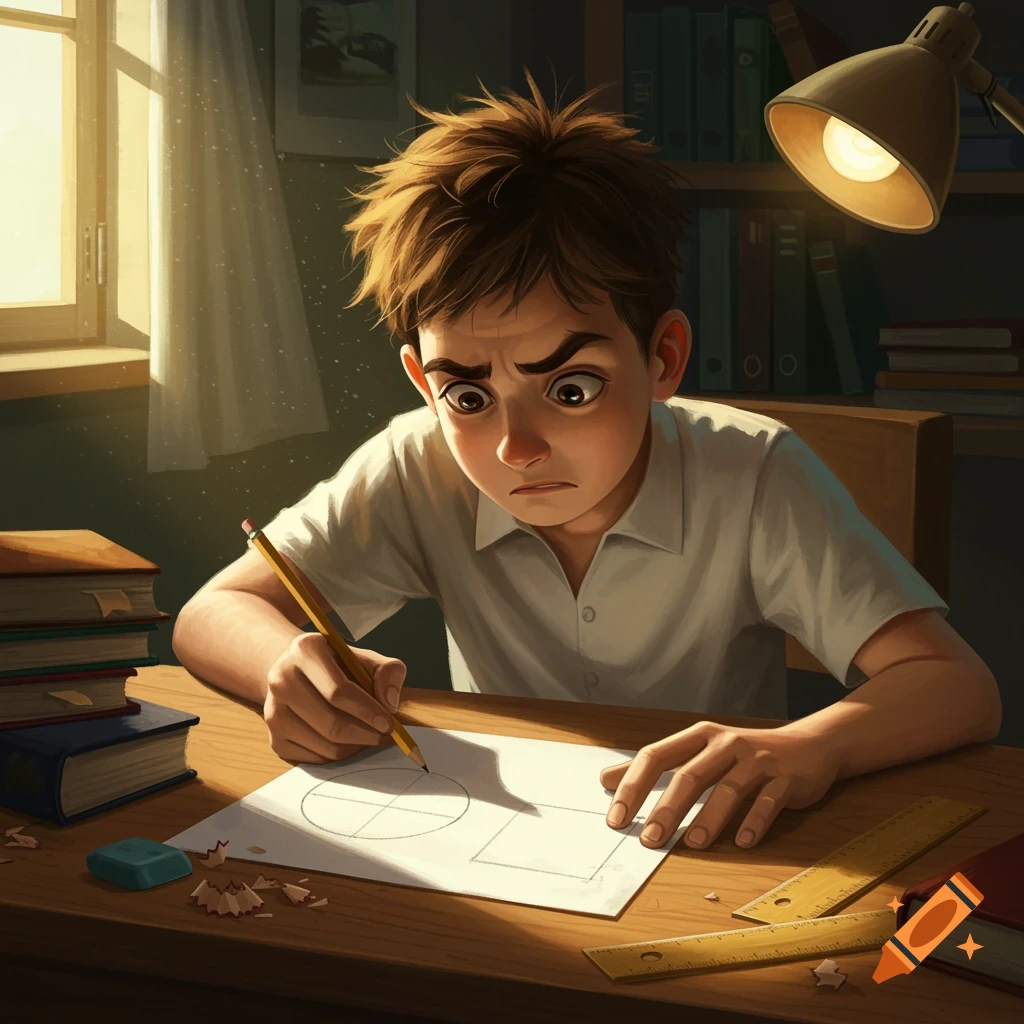 A frustrated young student draws a circle and a square on paper at a desk, illuminated by a lamp, in a digital illustration.