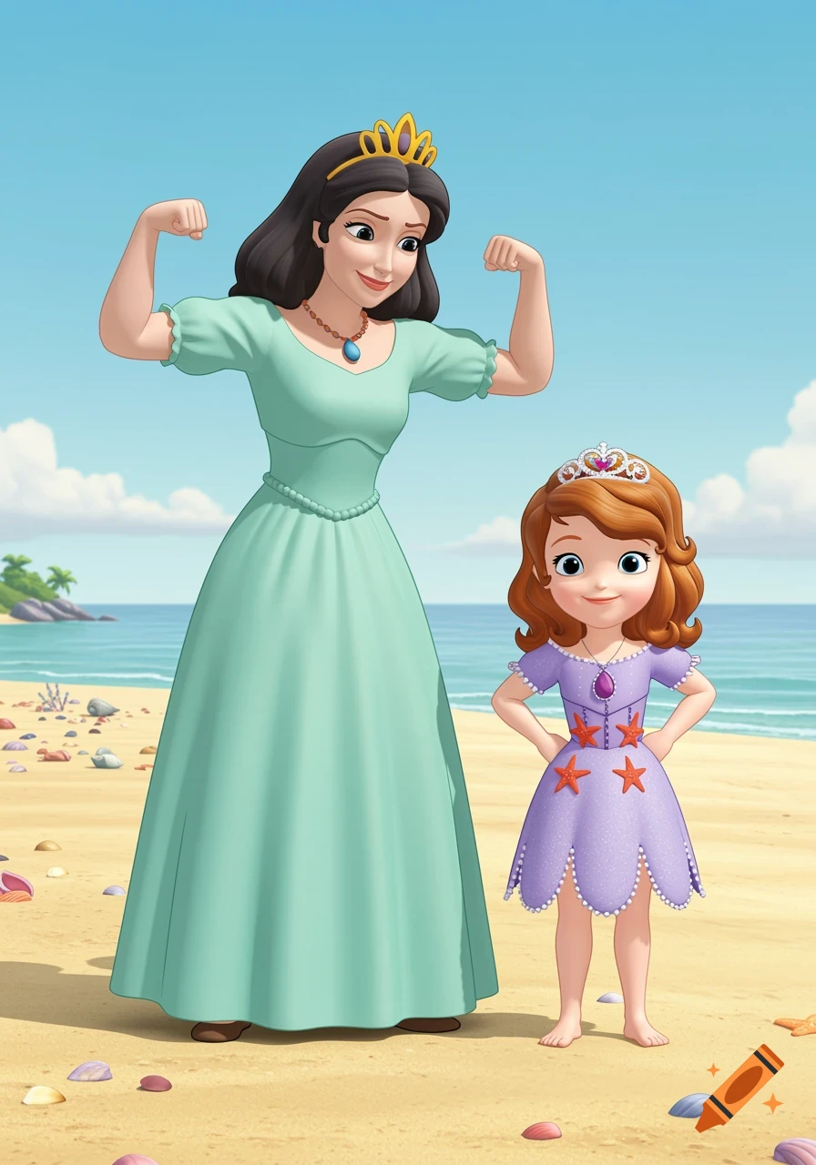 Cartoon of Sofia the First's mom flexing muscles next to Sofia posing at a sunny beach with seashells.