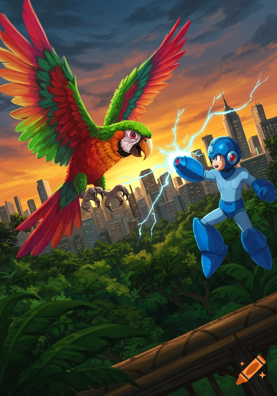Mega Man blasts electricity at a giant colorful parrot flying over a city skyline at sunset, with lush jungle plants below.