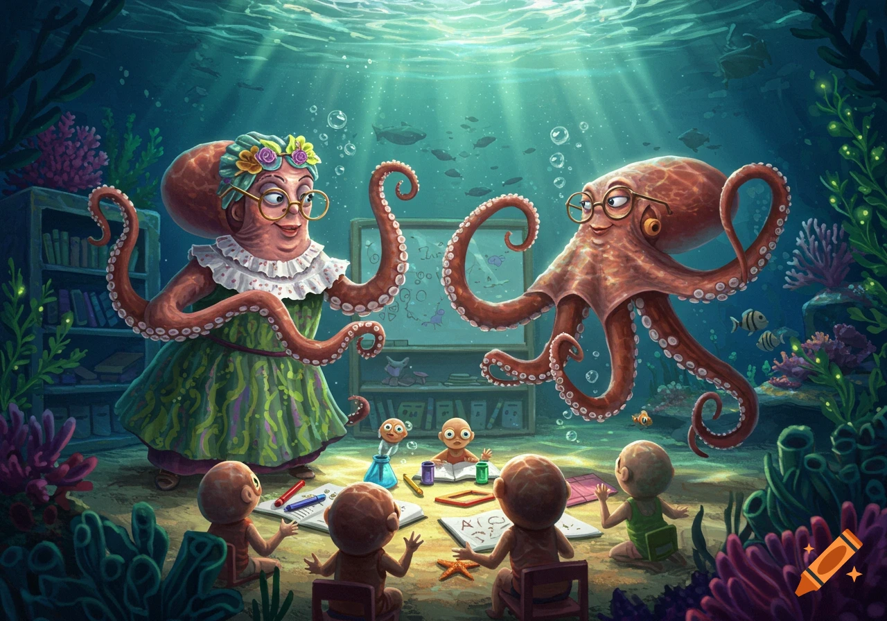 An underwater classroom with two anthropomorphic octopus teachers wearing glasses, standing in front of a whiteboard. Several baby octopus students sit at desks, writing on papers. The scene is vibrant and stylized.
