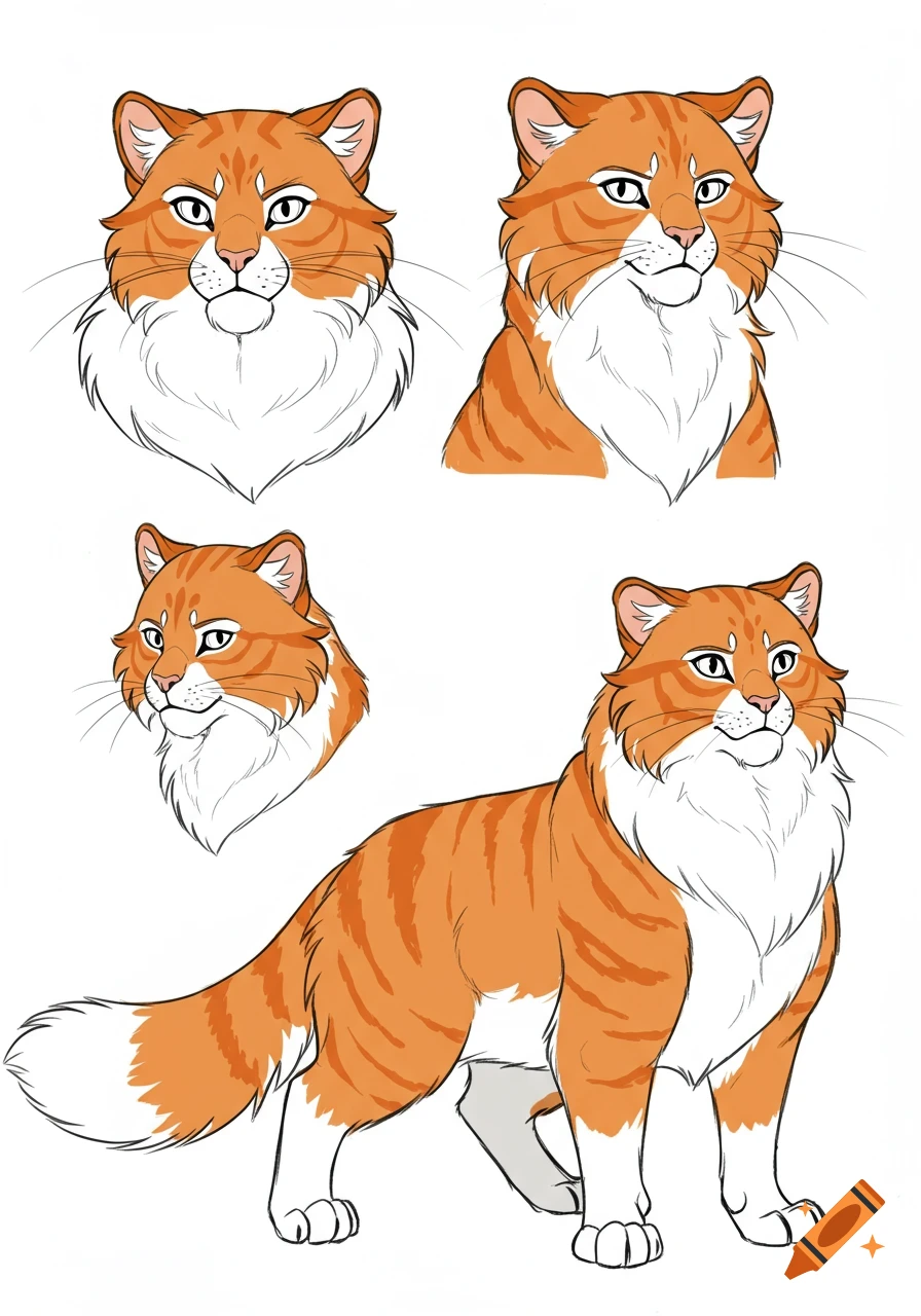 Stylized lineart reference sheet of an orange and white tabby cat with fluffy fur, featuring multiple headshots and a full body view.