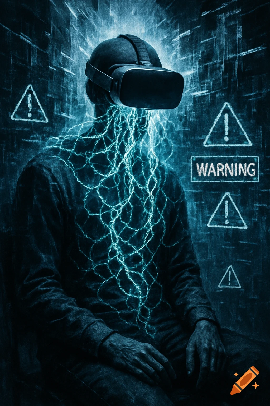 A person in a VR headset is engulfed by glowing blue energy, with warning signs in the dark background. Stylized digital art.