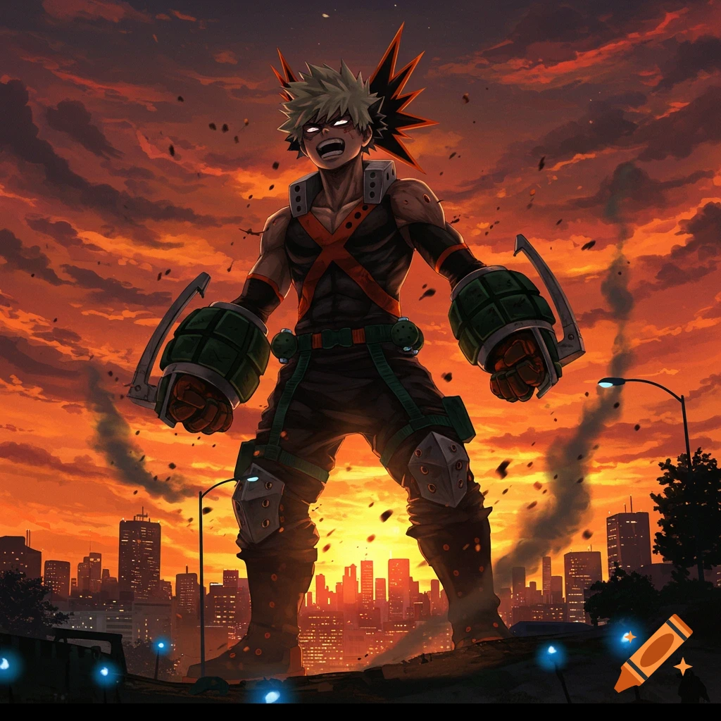 Anime character Bakugo, appearing giant, stands fiercely over a city at a fiery sunset with smoke.