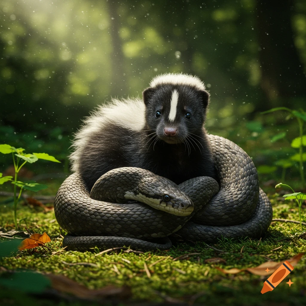 A fuzzy baby skunk's head and body emerge from a coiled snake, sitting on moss in a sunlit forest.
