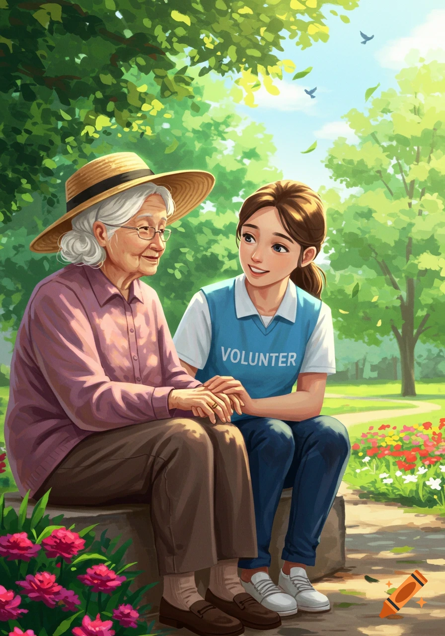 An elderly woman in a straw hat and a young volunteer in a blue vest sit on a park bench, holding hands and smiling in a sunny park illustration.