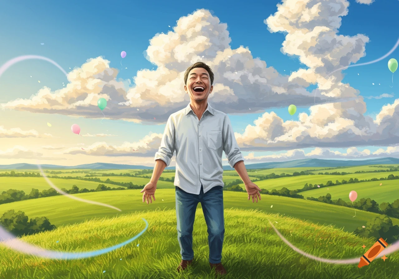 Joyful man with wide smile stands in a vibrant green field under a blue sky with fluffy clouds, balloons, and light trails in a painterly style.