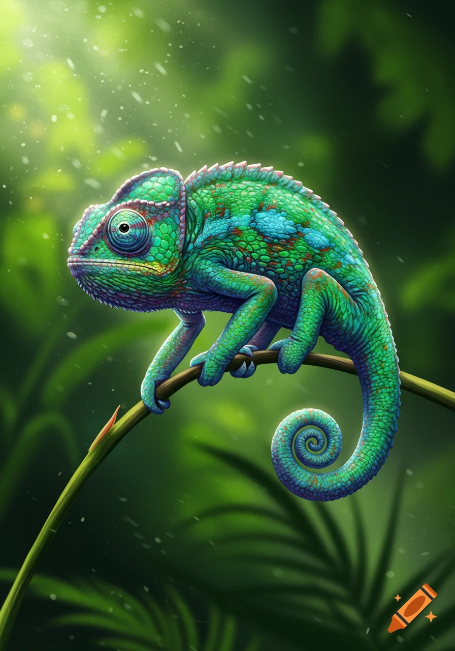 Vibrant green and blue chameleon with a spiraling tail sits on a branch in a bright, lush jungle, digital painting.