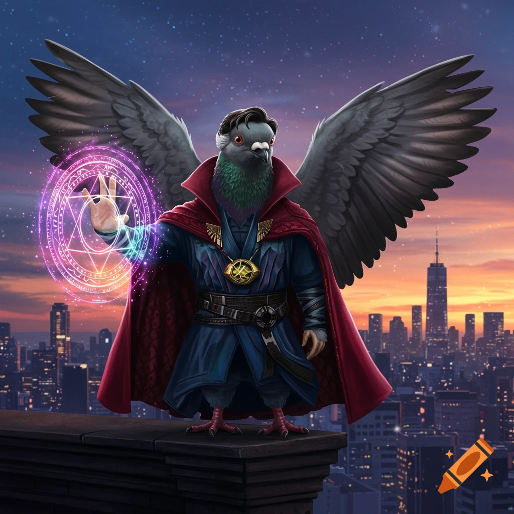 A pigeon dressed as Doctor Strange, with large wings, casting a glowing spell on a rooftop overlooking a city at sunset.