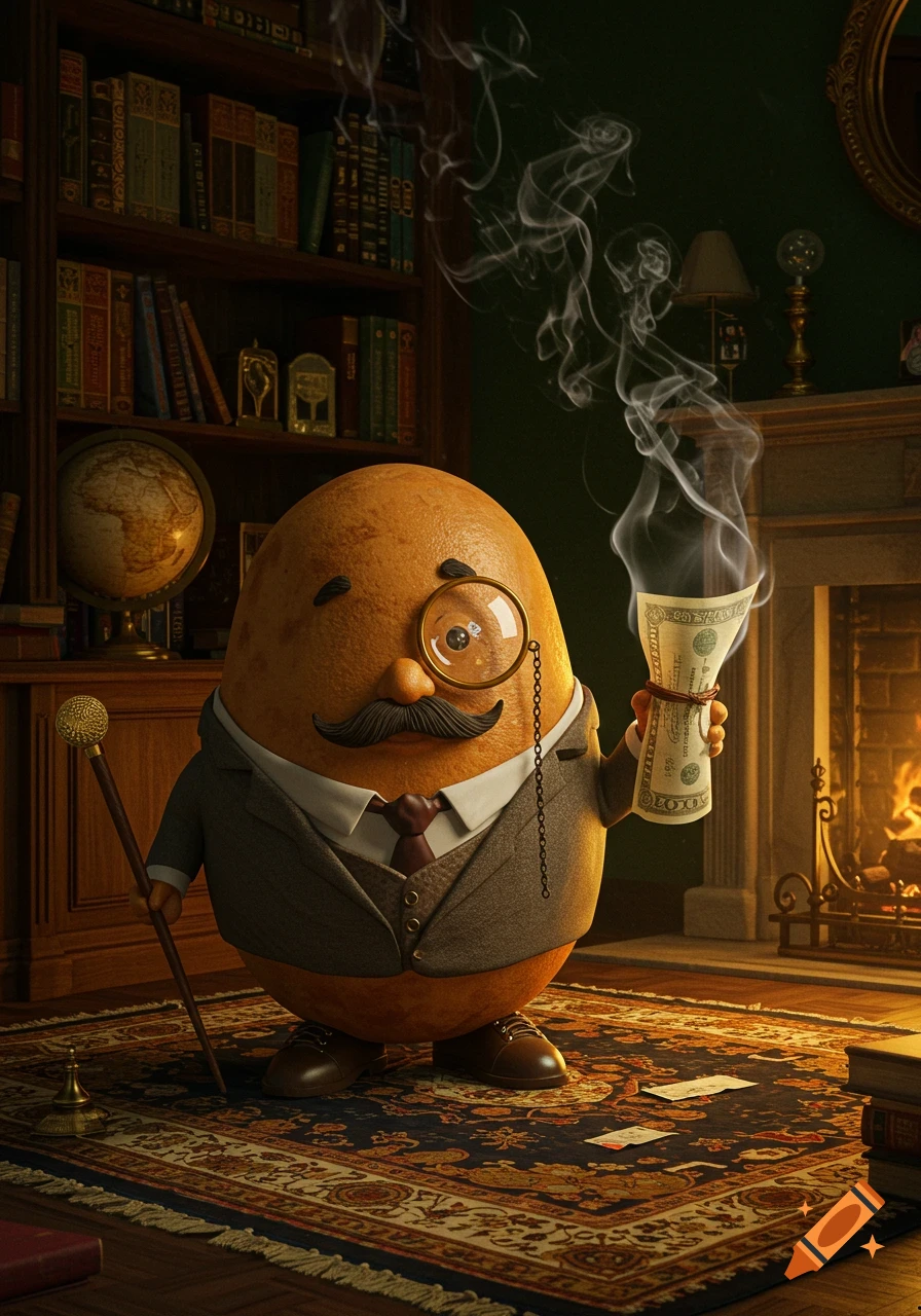A dapper potato character with a mustache and monocle holds a smoking money roll in a grand study with a fireplace and bookshelves. Photorealistic style.