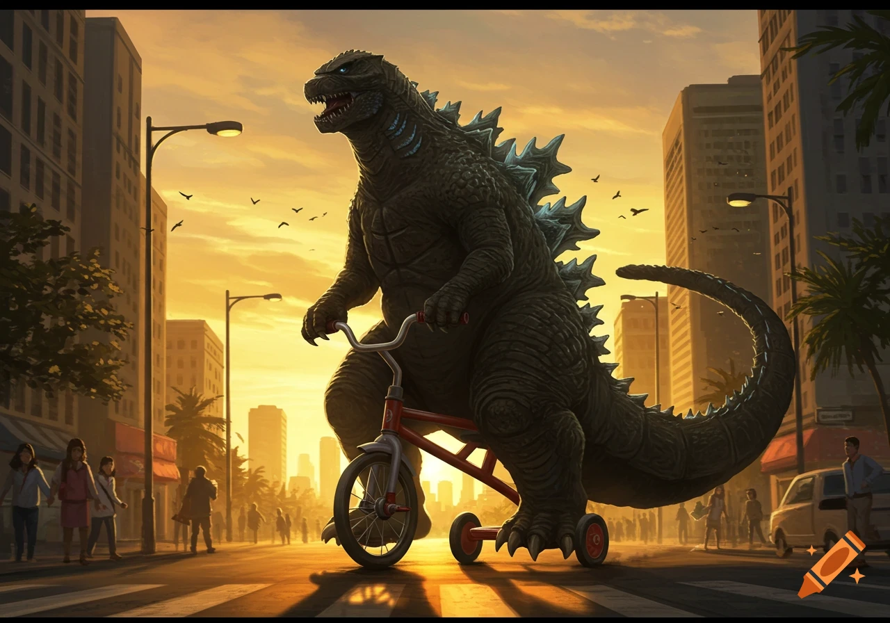 Godzilla rides a small red tricycle down a city street at sunset, with tall buildings and pedestrians in the background.