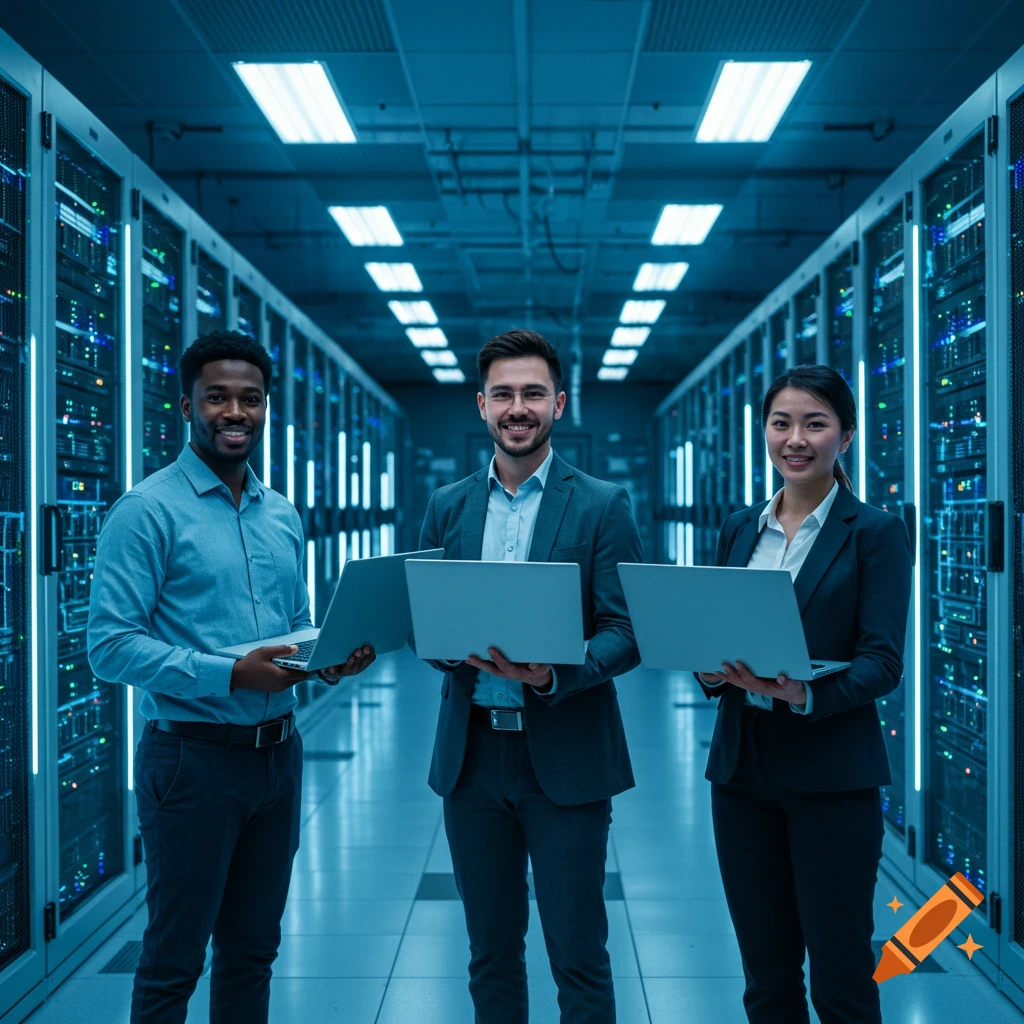 Three smiling IT engineers hold laptops in a blue-lit data center with server racks.