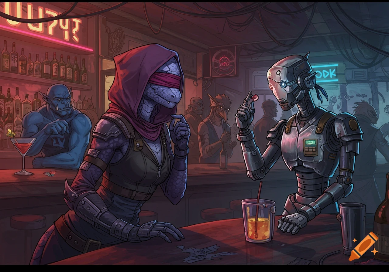A blindfolded reptilian woman talks to a robot bartender in a cyberpunk bar filled with various humanoids and drinks.