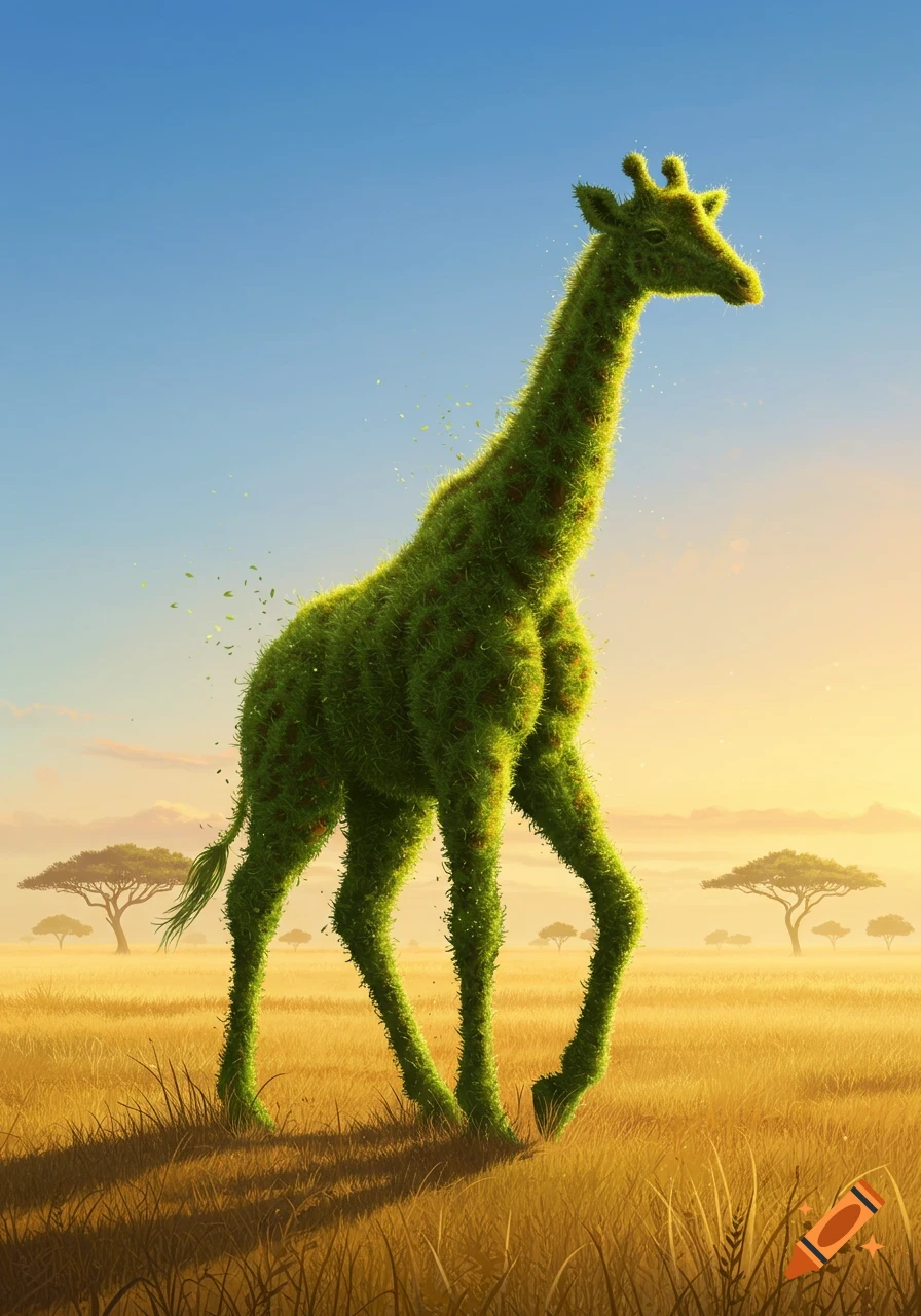 A vibrant green giraffe made of grass walks through a sunny savanna with acacia trees under a bright blue sky, with grass leaves flying off its body.