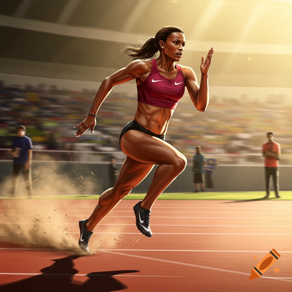 A muscular female track athlete runs on a stadium track, kicking up dust under a bright sun. Photorealistic digital art.