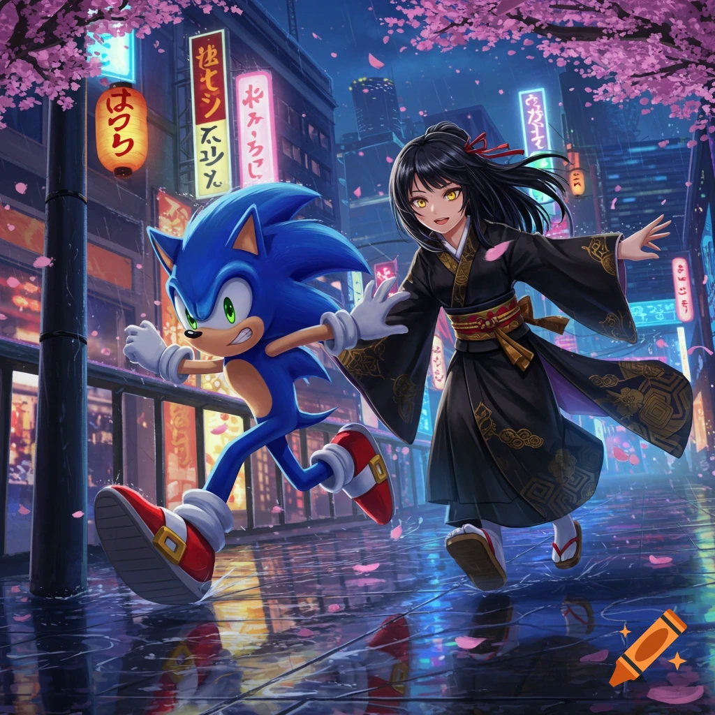 Anime style illustration of Sonic the Hedgehog and a black-haired girl in a kimono running through a cherry blossom-filled city street at night.