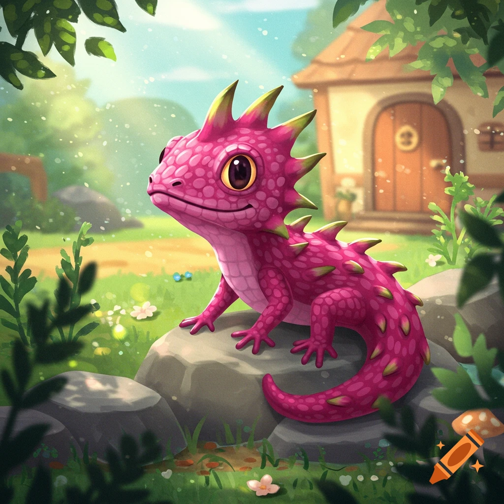 A cute pink, spiky dragonfruit lizard sits on rocks in a sunny, whimsical cartoon forest with a small house.