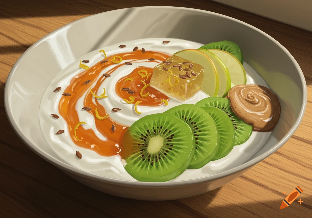 Stylized illustration of a bowl of vanilla yogurt with kiwi, apple, jelly, jam, seeds, lemon zest, and almond butter on wood.