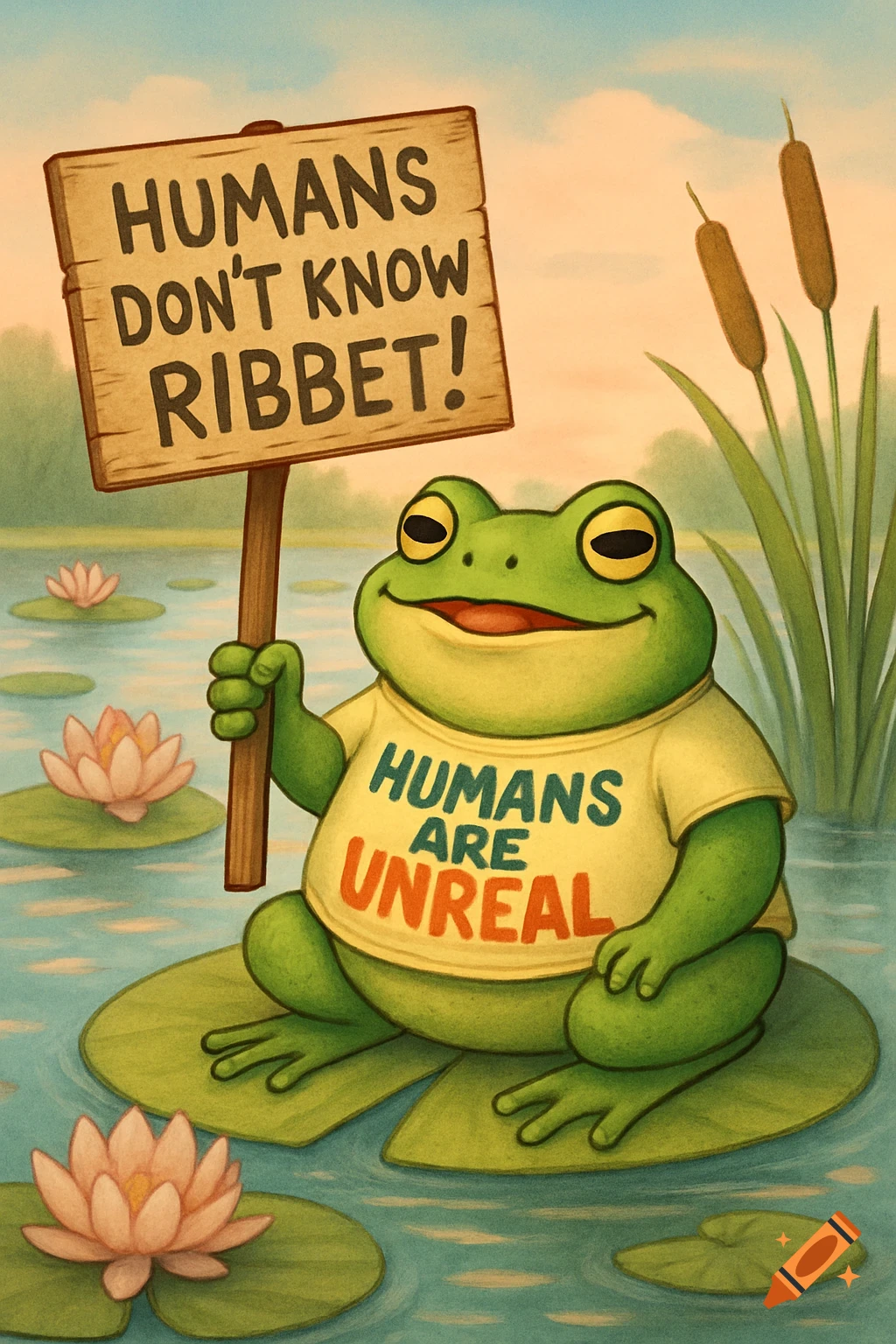 A cartoon frog in a pond wears a t-shirt saying "HUMANS ARE UNREAL" and holds a sign that reads "HUMANS DON'T KNOW RIBBET!".