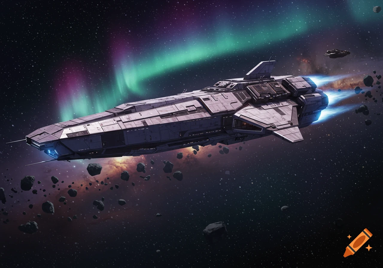 A detailed sci-fi spaceship flies through an asteroid field with a colorful aurora and stars in the background.