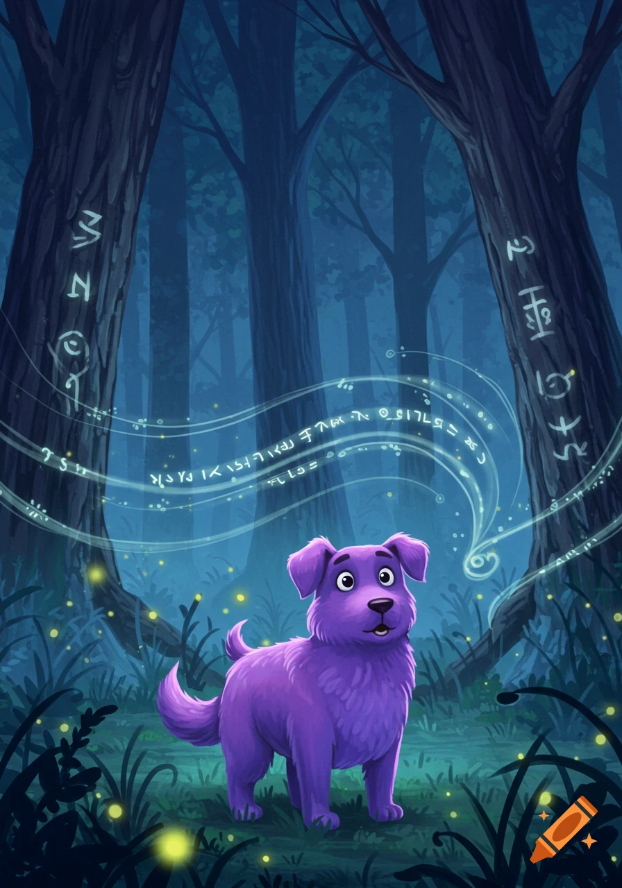 A vibrant purple cartoon dog stands in a dark, magical forest with glowing runes on trees and swirling in the air, illuminated by fireflies.
