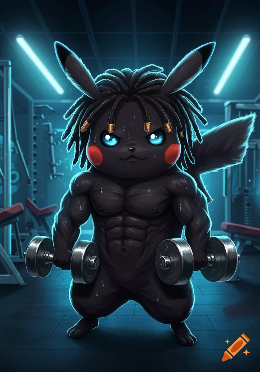 A muscular, black Pikachu with dreadlocks and glowing blue eyes lifts dumbbells in a dark, neon-lit gym.