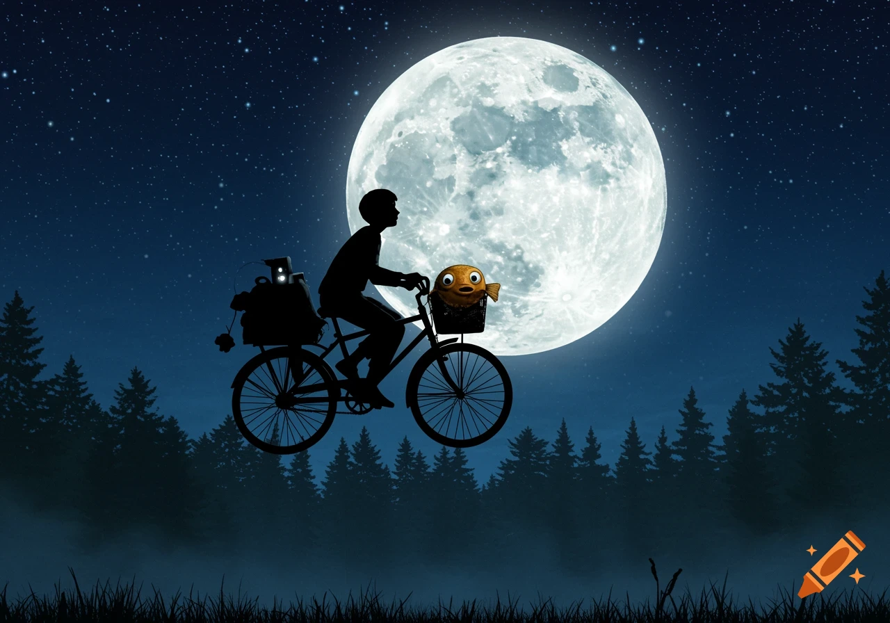 A silhouette illustration of a boy on a bicycle flying past a large full moon in a starry night sky above a dark forest, with a blowfish in his bike basket.