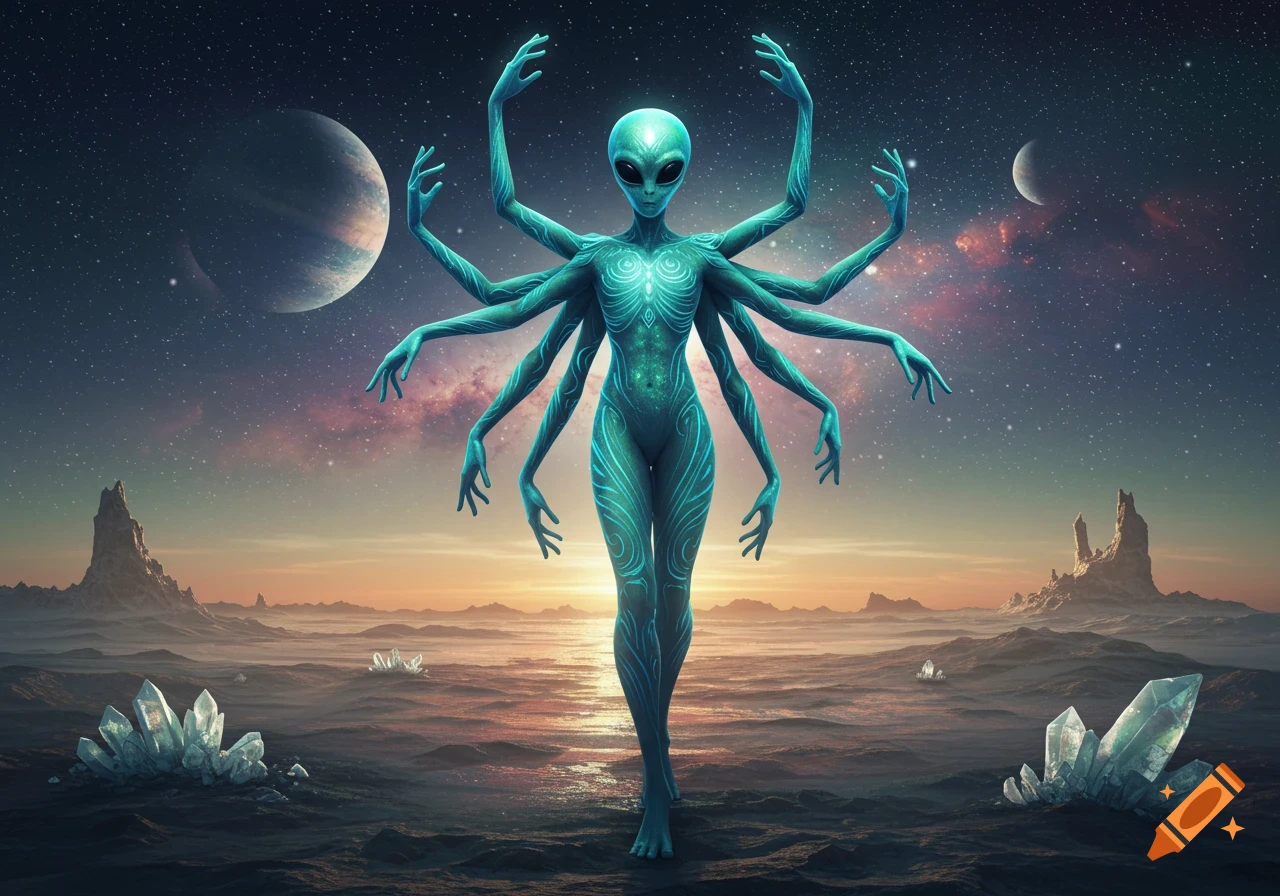 An eight-armed blue alien with glowing patterns stands on a crystal-laden alien planet under a starry sky with gas giants.