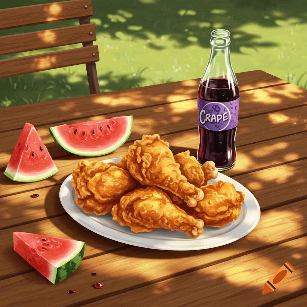 Stylized illustration of fried chicken, watermelon slices, and a bottle of soda on a wooden picnic table.
