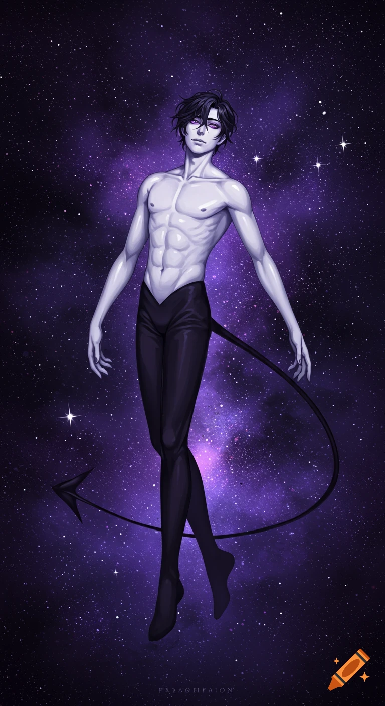 Anime man with pale skin, purple eyes, and a demon tail floats shirtless in a purple starry galaxy.
