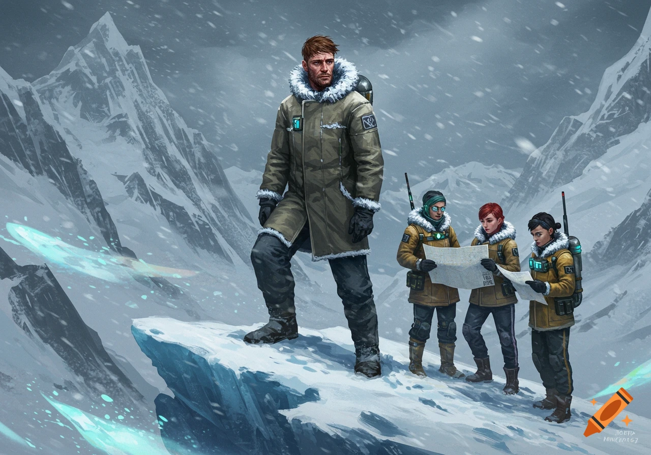 A group of four explorers in winter gear stand on a snowy mountain, with one looking out and three consulting a map during a snowfall.