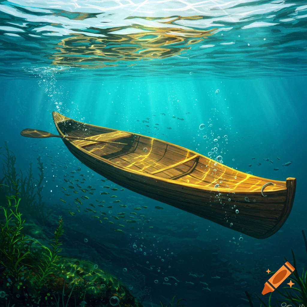 Stylized illustration of a wooden kayak submerged underwater, with sunlight, bubbles, and small fish.