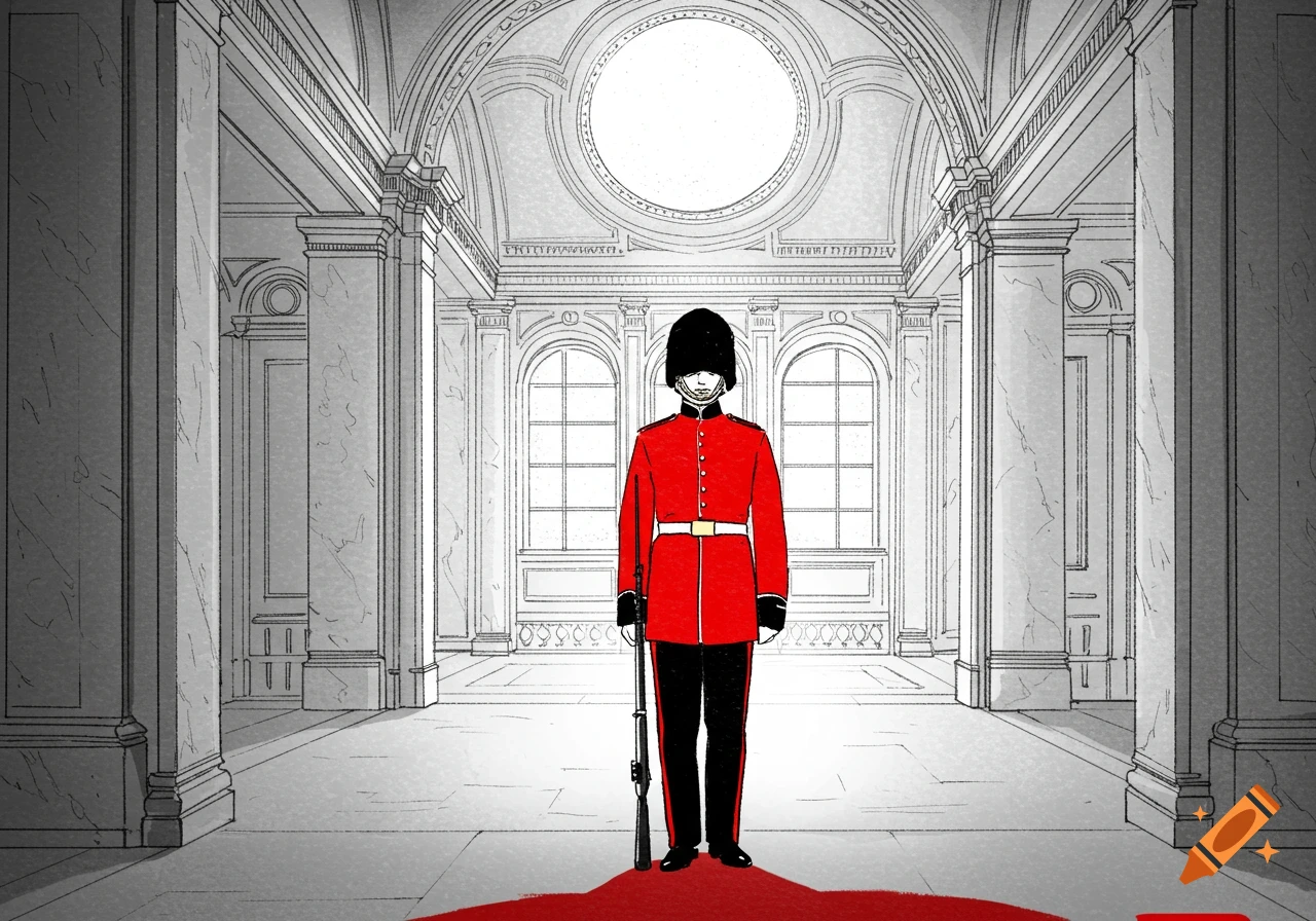 A line-drawn illustration of a British Royal Guard in a red coat standing rigidly in a grand, empty hall with a red pool on the floor.