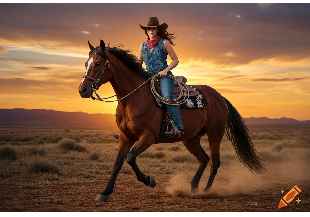 A cowgirl in a denim vest and jeans rides a brown horse through a dry, open field at sunset.