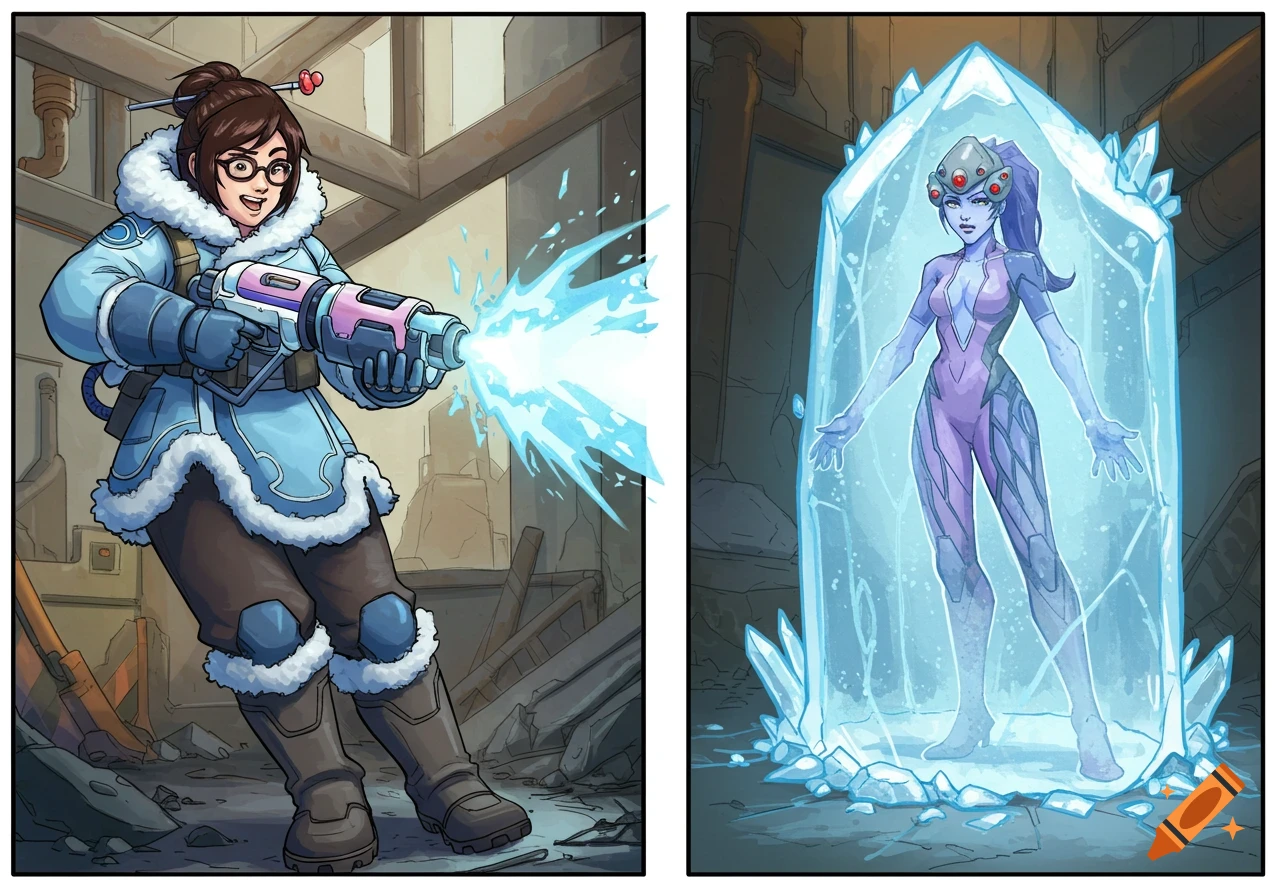 Comic art of Mei firing a freeze ray and Widowmaker frozen in an ice block.