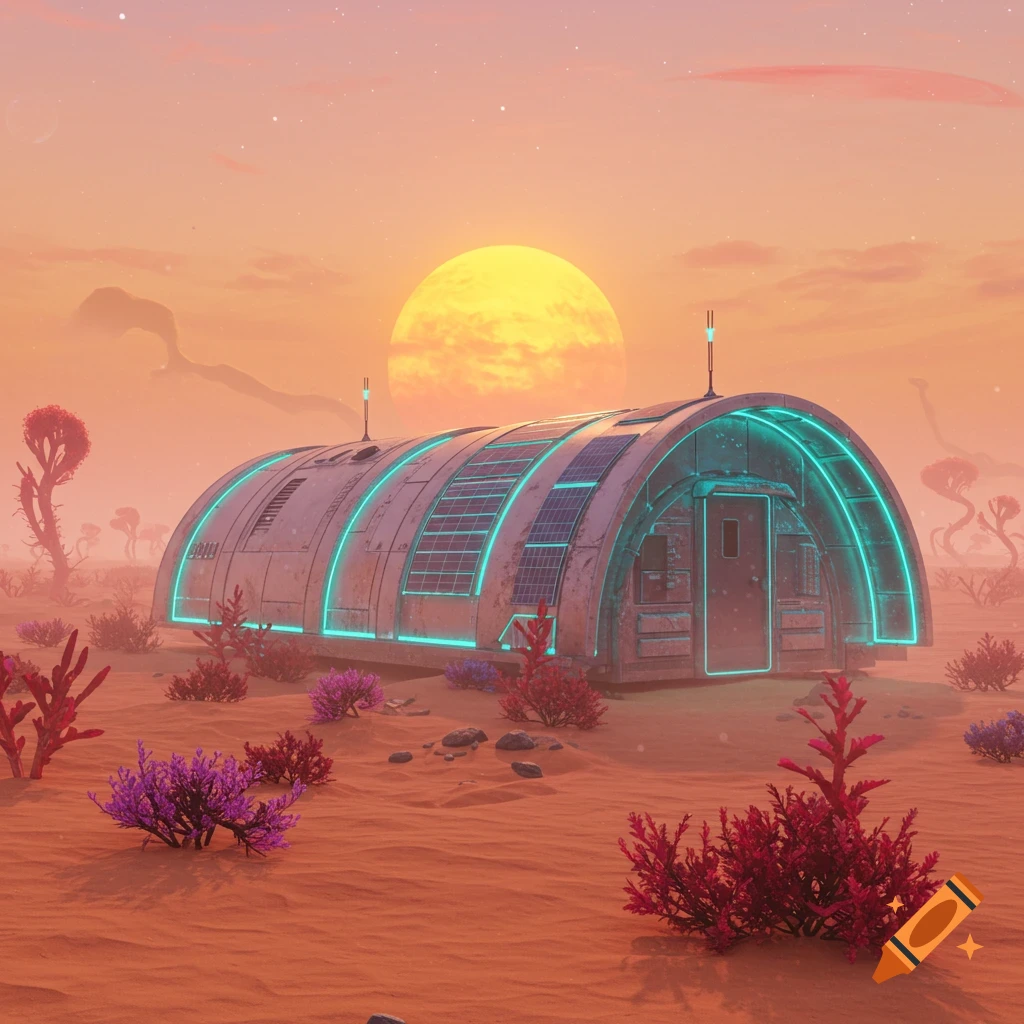 A glowing sci-fi quonset hut on a desert alien planet with a large orange sun in the background.
