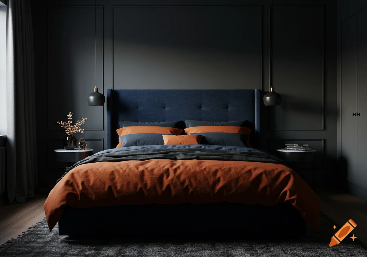 A modern bedroom with dark lead walls, a navy headboard, burnt orange duvet, and dark grey cushions, flanked by pendant lights.